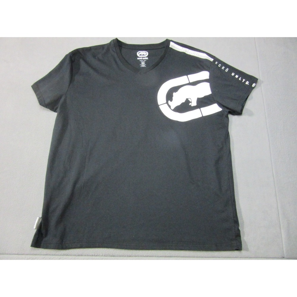 Ecko Shirt Mens 3XL Black White Graphic Print Y2K Hip Hop Short Sleeve V-Neck